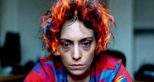 Femme avec expression de visage fatigué et tête en feu pour illustrer l'AI Brain Fry