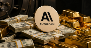 Le logo d'Anthropic reposant sur des billets de dollars et des lingots d'Or