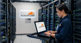 Une ingénieure réseau travaille sur son ordinateur portable dans un centre de données moderne avec le logo de Cloudflare visible.