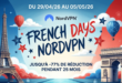 Illustration festive pour les French Days NordVPN du 29/04/26 au 05/05/26. Le visuel affiche les monuments de Paris, la Tour Eiffel et l'Arc de Triomphe, entourés de montgolfières et d'étoiles tricolores. Le texte principal annonce « FRENCH DAYS NORDVPN » avec une mention « Jusqu'à -77% de réduction pendant 25 mois »