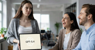 Deux personnes en train de rigoler sur une femme avec sa tablette affichant GPT 5.4