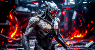 un robot monstrueux tatout de "GPT 5.5", "spud" etc