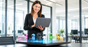 Une businesswoman avec son ordinateur, elle observe les agents IA sur la plateforme