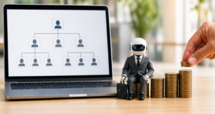 Un laptop affichant un structure d'équipe, à côté un agent IA élégant assis sur des pièces de monnaies qu'une main est en train de poser.