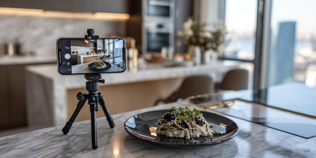 Configuration de tournage culinaire minimaliste montrant un smartphone créant une vidéo de recette optimisée par l'intelligence artificielle.