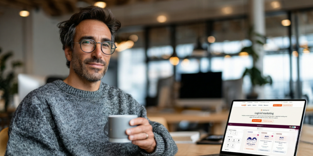 Marketeur détendu avec café pendant que ses campagnes marketing automatisées tournent en arrière-plan