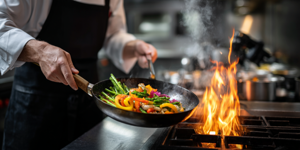 Chef cuisinier en action avec une interface holographique de montage IA pour la création de clips de recettes rapides.