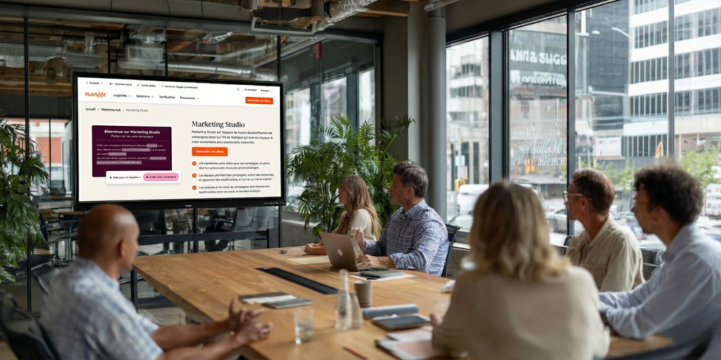 Équipe marketing analysant un tableau de bord CRM lors d’une réunion collaborative en entreprise