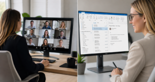 Une femme en pleine réunion et une autre utilisant Microsoft Outlook