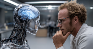 Un robot IA avec cerveau visible devant un homme pensif, dans un laboratoire