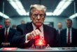 Donald Trump pointant du doigt un bouton rouge