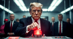 Donald Trump pointant du doigt un bouton rouge