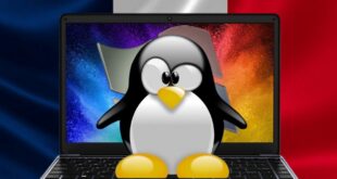 un ordinateur sur lequel est debout un logo de Linux, drapeau France en arrière plan