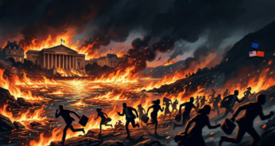 Illustration de l'Assemblée Nationale à Paris en feu. Une foule de bureaucrates s'enfuit désespérément à travers un paysage de flammes, symbolisant une crise politique.