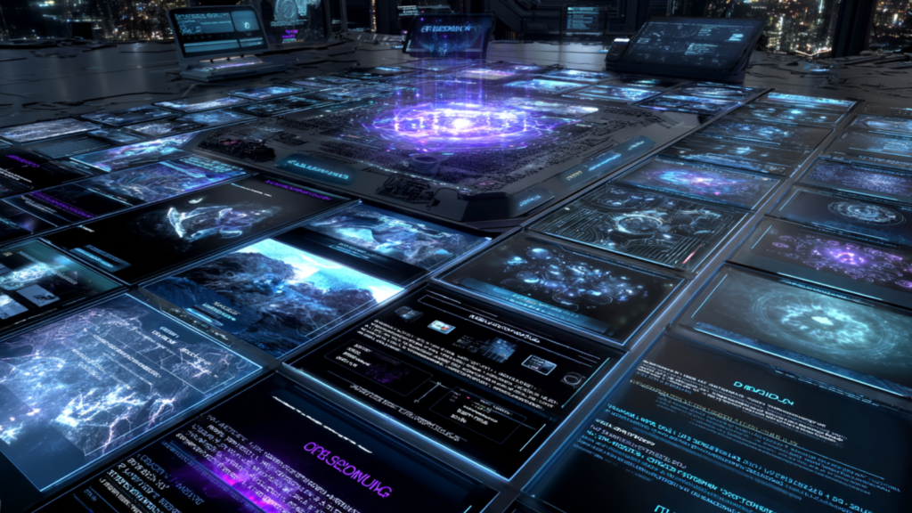 Affichage holographique d'une liste de vidéos montées et générées par l'IA grâce à un système d'affichange futuriste