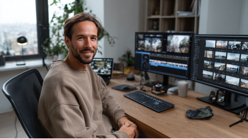Monteur vidéo souriant affichant un air de satisfaction après avoir utilisé l'automatisation IA pour le montage vidéo
