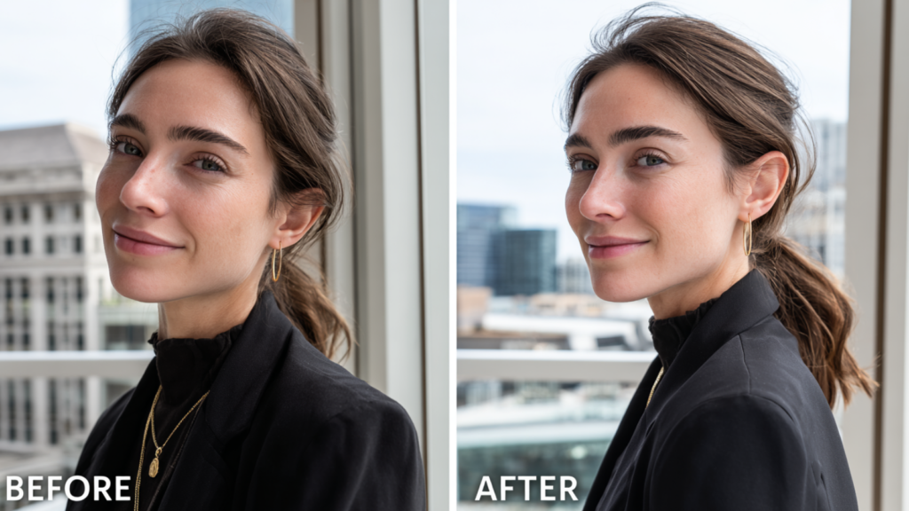 Image splitée d'une femme vue de 3/4 regardant en face avec un changement subtil d'orientation