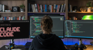 Une dev devant ces 3 moniteurs en train de coder