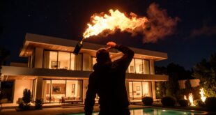 Homme lançant un cocktail Molotov enflammé sur le manoir de Sam Altman à San Francisco la nuit.