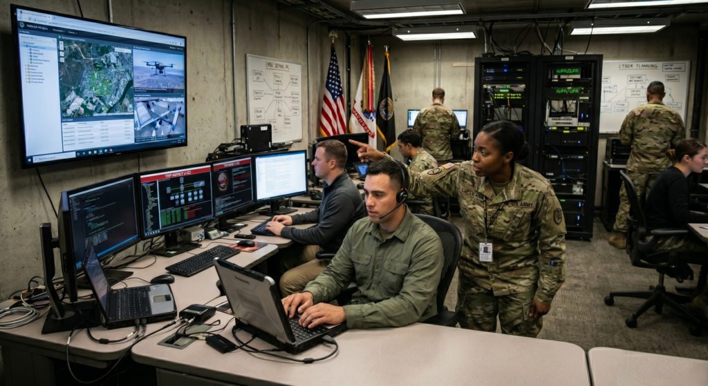 Image représentant des informaticiens et des militaires qui travaillent ensemble