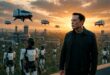 Elon Musk regardant un paysage futuriste de 2026 avec des robots humanoïdes Tesla Optimus dans une société d’abondance technologique et d’automatisation massive.