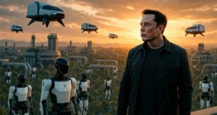 Elon Musk regardant un paysage futuriste de 2026 avec des robots humanoïdes Tesla Optimus dans une société d’abondance technologique et d’automatisation massive.