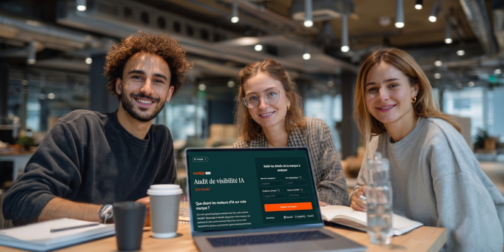 Trois collaborateurs en réunion autour d'un ordinateur affichant des courbes de performance IA, illustrant le travail d'équipe autour d'une stratégie HubSpot AEO en agence digitale.