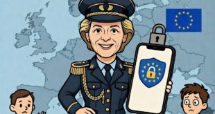 Illustration de style dessin animé montrant une femme ressemblant à Ursula von der Leyen, vêtue d'un uniforme de type militaire avec des épaulettes dorées. Elle sourit et présente un grand smartphone dont l'écran affiche un bouclier bleu entouré des étoiles de l'Union Européenne, avec un cadenas jaune au centre. Un autre cadenas physique est accroché au sommet du téléphone. En arrière-plan se trouvent une carte de l'Europe et le drapeau européen. Dans les coins inférieurs gauche et droit, deux petits personnages regardent vers le haut avec des expressions inquiètes.