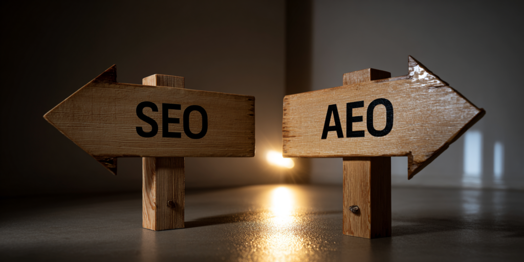 Fourche sur route déserte au lever du soleil avec deux panneaux directionnels SEO et AEO, illustrant le choix stratégique entre référencement traditionnel et Answer Engine Optimization.
