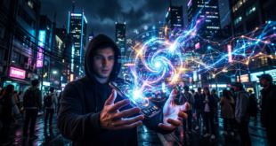 Un jeune homme en sweat à capuche manipule un smartphone d'où jaillit une interface holographique complexe, lumineuse et tourbillonnante composée de flux de données bleus et dorés. En arrière-plan, une rue de ville nocturne et cyberpunk avec des néons floutés.