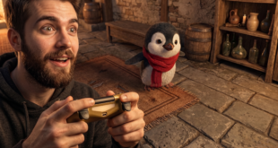 Un joueur émerveillé tenant une manette au premier plan découvre un environnement 3D généré par l'IA HY-World 2.0. Devant lui s'affiche un monde ultra-réaliste issu d'un prompt textuel, mettant en scène un petit pingouin portant une écharpe rouge au centre d'une pièce rustique en pierre et en bois.