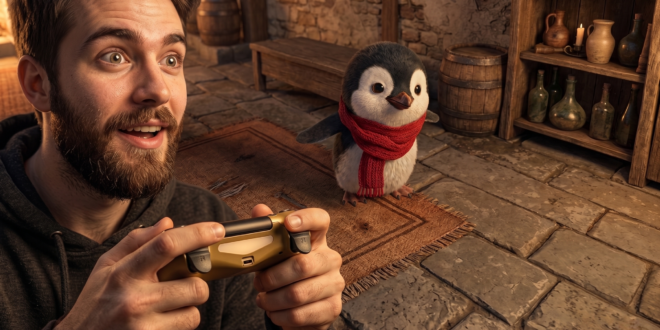 Un joueur émerveillé tenant une manette au premier plan découvre un environnement 3D généré par l'IA HY-World 2.0. Devant lui s'affiche un monde ultra-réaliste issu d'un prompt textuel, mettant en scène un petit pingouin portant une écharpe rouge au centre d'une pièce rustique en pierre et en bois.