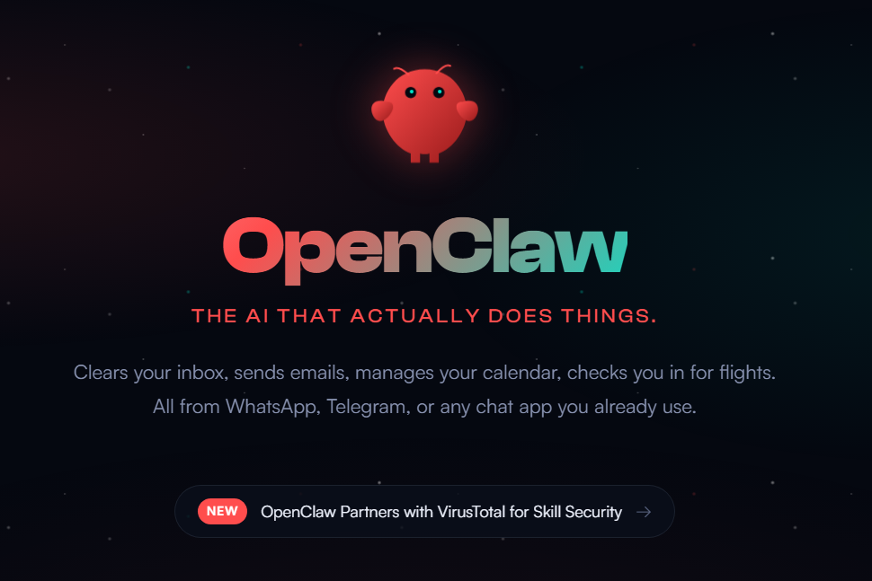 La page d'accueil du site officiel OpenClaw