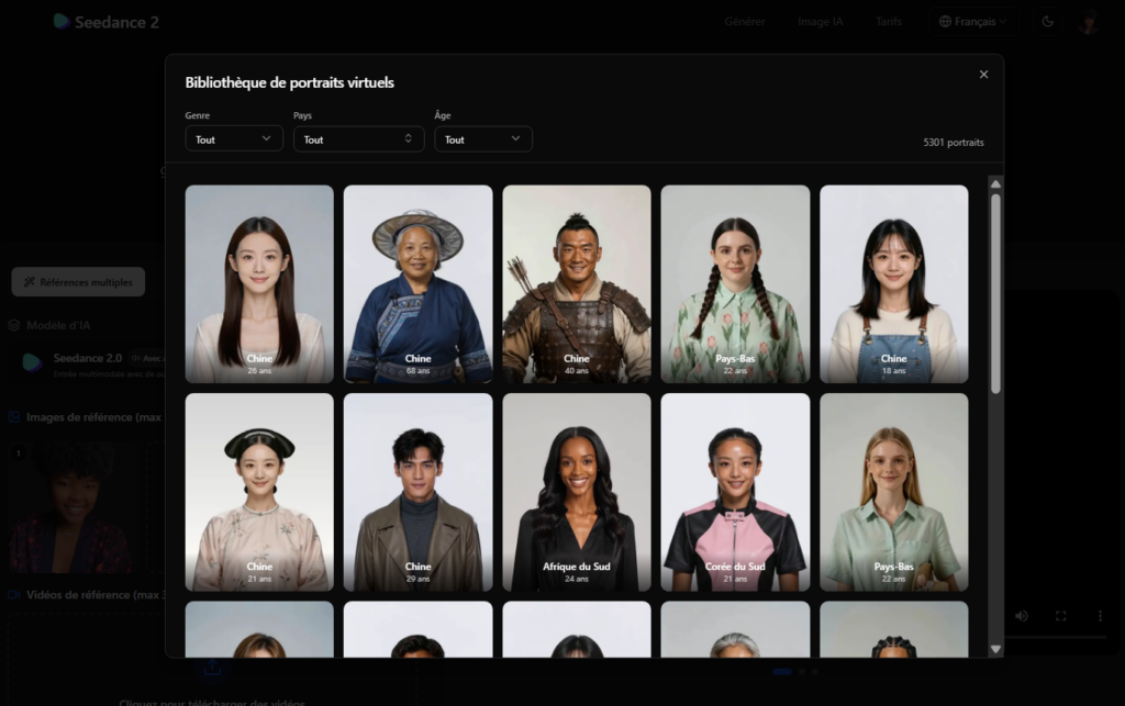 Bibliothèque de portraits virtuels sur Seedance 2.0