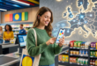 Cliente utilisant la connectivité eSIM de Lidl Mobile et 1Global en supermarché avec une carte réseau de l'Europe.