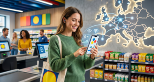 Cliente utilisant la connectivité eSIM de Lidl Mobile et 1Global en supermarché avec une carte réseau de l'Europe.