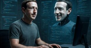 Mark Zuckerberg assis à son ordinateur, fixant une projection holographique de son propre visage avec un cou mécanique. Le clone virtuel affiche un grand sourire, contrastant avec l'expression neutre du véritable PDG de Meta. Des lignes de code flottent en arrière-plan.