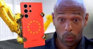 Thierry Henry visage moqueur à côté d'un smartphone en fabrication pour illustrer le contournement des règles d'écoconception de smartphone en Europe