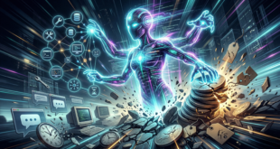 Illustration conceptuelle de la révolution de l'IA agentique en avril 2026 : un système IA autonome multitâche manipulant nativement des interfaces informatiques et brisant des pièces de monnaie, symbolisant l'effondrement des coûts des API LLM.