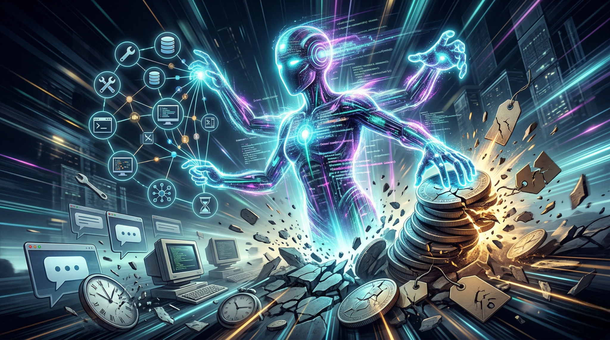 Illustration conceptuelle de la révolution de l'IA agentique en avril 2026 : un système IA autonome multitâche manipulant nativement des interfaces informatiques et brisant des pièces de monnaie, symbolisant l'effondrement des coûts des API LLM.