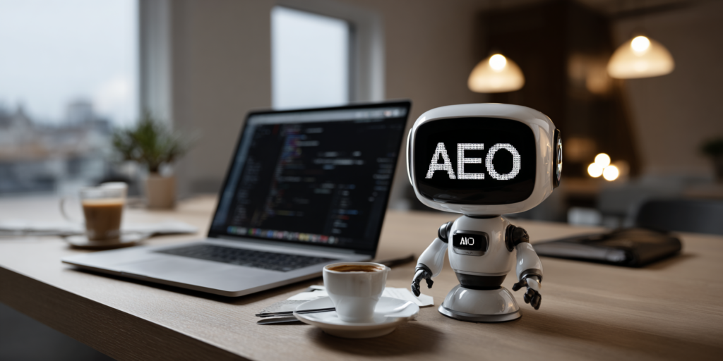 Petit robot compact sur un bureau moderne avec écran facial affichant "AEO" en caractères lumineux, symbolisant l'intégration de l'intelligence artificielle dans la stratégie Answer Engine Optimization au quotidien.