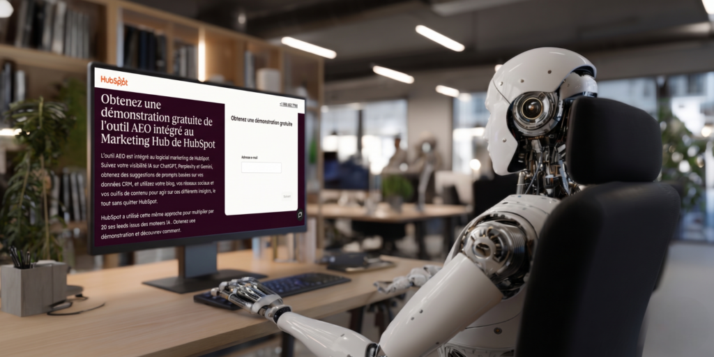 Robot humanoïde élégant assis à un bureau face à un écran de visibilité IA, illustrant l'intégration naturelle de l'intelligence artificielle dans un environnement professionnel quotidien.