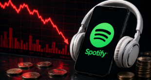Spotify sur un smartphone avec une casque. Graphe de chute rouge