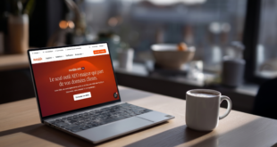 Bureau épuré avec ordinateur portable affichant un tableau de bord de score de visibilité IA, illustrant le suivi des performances Answer Engine Optimization avec HubSpot AEO.