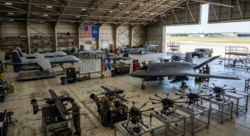 Image représentant un hangar avec des drones
