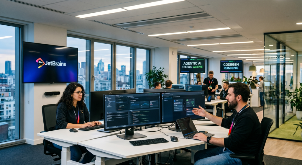 Image avec une équipe de développeurs dans un local professionnel