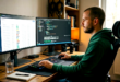 Homme dans un bureau, double écran affichant une illustration d'Agent View sur Claude Code