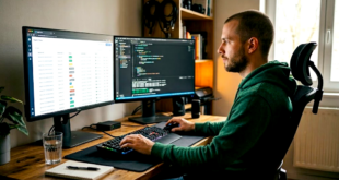 Homme dans un bureau, double écran affichant une illustration d'Agent View sur Claude Code