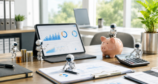Des agents IA financier partour sur le bureau d'un banquier