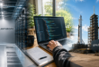 à gauche, un data center moderne avec le logo Anthropic ; au centre, une main de développeur codant sur un ordinateur portable ; à droite, une fusée SpaceX sur son pas de tir en plein jour
